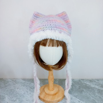 粉彩段染毛毛貓耳帽 護耳帽 毛線帽 手鉤編織帽
