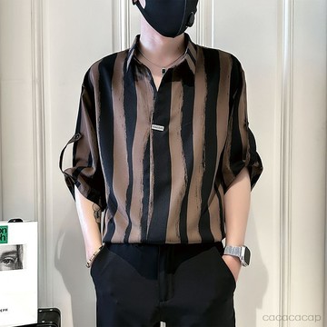 🔥【新品上新】日系襯衫翻領襯衫條紋襯衫七分袖襯衫寬鬆版型時尚上衣日常百搭男士襯衣休闲衬衫時尚短袖襯衫花襯衫