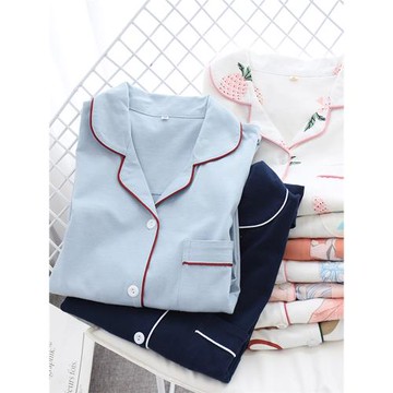 日式睡衣女春秋高支純棉長袖兩件套休閑高腰褲針織棉家居服可外穿