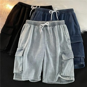 【爆款新品】韓版寬褲 百搭美式工裝牛仔短褲 男夏季薄款寬鬆帥氣五分休閒中褲 素面牛仔短褲 休閒短褲 男生短褲 夏天褲子