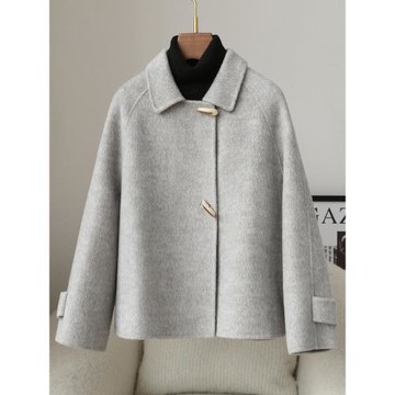 (免運)雙面羊絨大衣女短款小個子2025春秋新款牛角扣桑蠶絲羊毛呢子外套