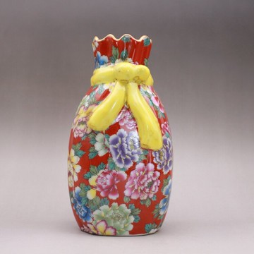 清雍正粉彩珊瑚紅萬花紋花瓶 包袱瓶古玩古董陶瓷器仿古老貨收藏