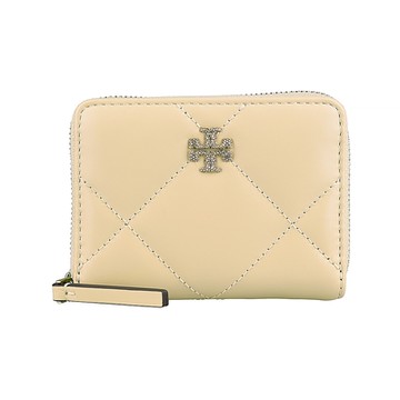 TORY BURCH Kira立體水晶LOGO絎縫皮革4卡拉鍊零錢卡包(小/奶油米)