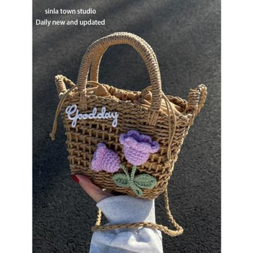 新款2024年潮ins洋氣小花朵少女風沙灘草編女包單肩斜挎手提女包