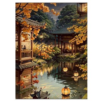 創彩 鑽石畫組  古風建築 深綠色 + 暖黃色  1組