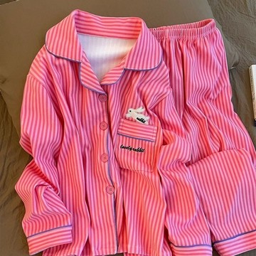【砂糖夢境】小衆ins風少女條紋德絨睡衣女秋冬季新款保暖開衫長袖家居服套裝