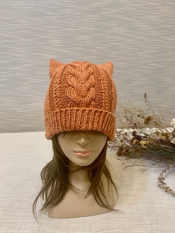 手工毛線帽。貓耳朵毛線帽。霧面橘。適合大頭圍56至58公分頭圍