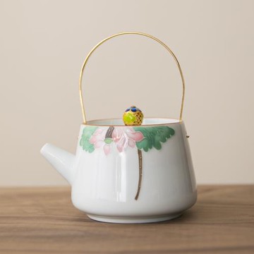 手繪荷花提梁壺陶瓷茶壺功夫茶壺家用釉下彩球孔過濾泡茶壺小清新