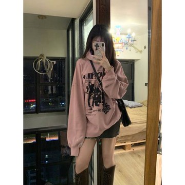 美式復古粉色衛衣女2025春秋新款加絨oversize連帽慵懶風上衣外套