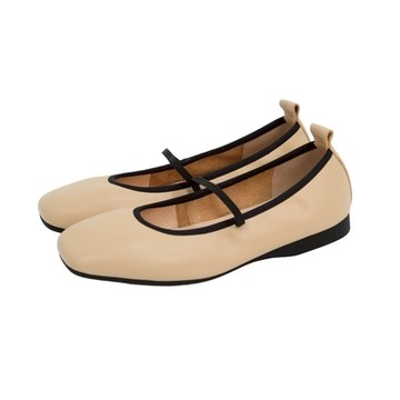 viina素面真皮細帶瑪莉珍平底娃娃鞋 -杏