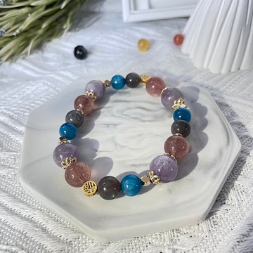 *輕音調* 14K包金水晶手鍊設計款 紫玉晶 藍磷輝 黑金骨幹 草莓晶