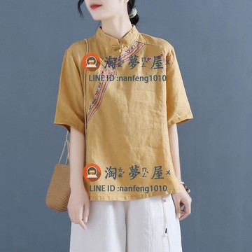 棉麻上衣短袖民族風盤扣刺繡襯衣衣寬鬆復古文藝大碼襯衫夏季純棉短袖女上【淘夢屋】