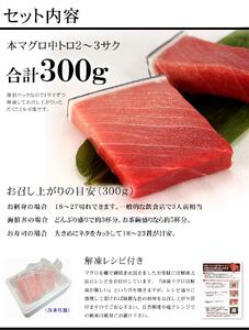 本マグロ中トロ300g　解凍レシピ付　1サクずつ真空包装  脂の甘みと濃厚赤身が絶妙なバランス