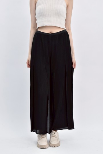 (L) 依蕾高腰質感雪紡鬆緊腰多摺黑色長褲