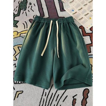 墨綠色華夫格運動短褲男士夏季外穿寬松大碼透氣男生休閑五分褲子