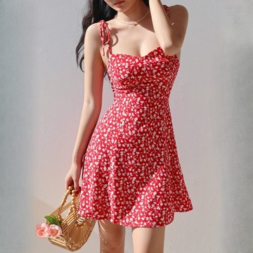 ParrotFashion小鄒菊碎花包臀連衣裙女夏季性感低胸綁帶吊帶A字裙短裙子沙灘裙