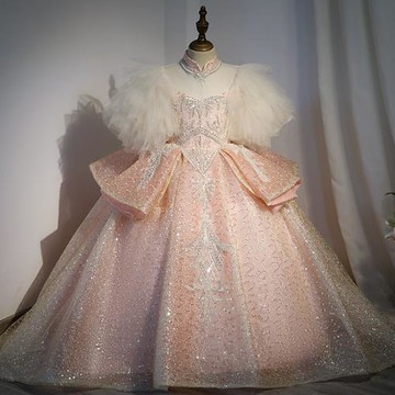 粉色女童禮服公主裙夏季花童婚禮拖尾高端兒童婚紗主持鋼琴演出服