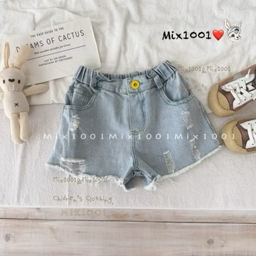 🌈✨mix1001外銷款✨搶眼黃釦造型刷破牛仔褲✨兒童淺色牛仔褲5-13