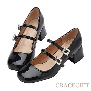 【Grace Gift】甜美水鑽雙帶中跟瑪莉珍芭蕾舞鞋 黑漆