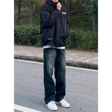 春秋美式深色復古牛仔褲子男寬松直筒百搭顯瘦水洗做舊黃泥染闊潮