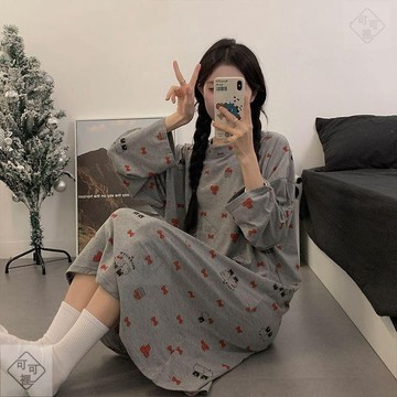 可可裡🍉秋季長袖睡裙女新款卡通印花可愛甜美公主風少女圓領居家服可外穿