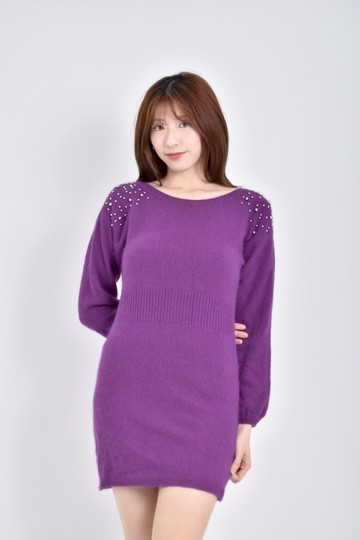 (M) super normal質感針織長袖銀珠珠裝飾紫色洋裝