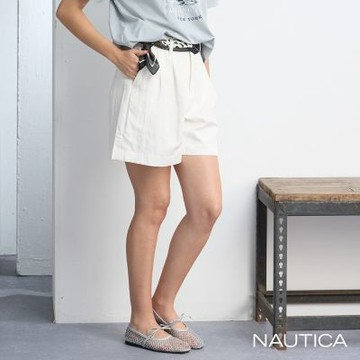 Nautica 官方旗艦 女裝 高腰打褶休閒短褲-白色