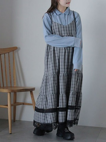 經典格紋蕾絲邊蛋糕分層吊帶洋裝(0F000561510) - ehka sopo