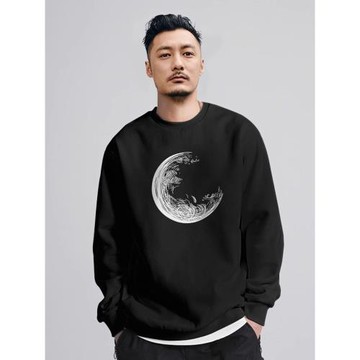 秋冬加絨款圓領衛衣男士潮牌ins美式復古月球情侶裝秋季打底上衣