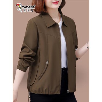 啄木鳥休閑外套女春秋2025新款翻領夾克上衣中年媽媽大碼寬松外套