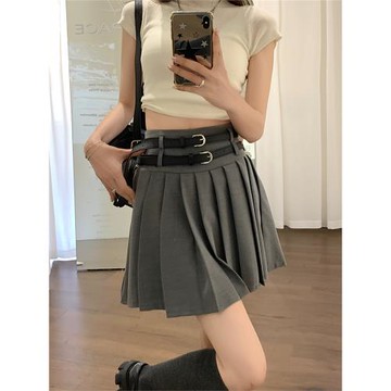 大碼甜酷風高腰顯瘦百褶裙半身裙女夏季學院風百搭短裙灰色A字裙