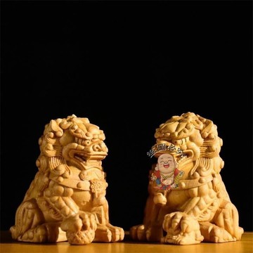 台灣出貨🔥黃楊木雕刻手把件 公母獅子一對木製崖柏對獅擺件 實木醒獅送禮家居 招財平安偏財辟邪擋災 開運祈福擺飾