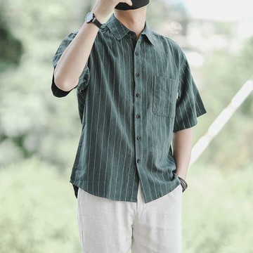 重磅條紋襯衫男士五分中袖亞麻上衣夏季寬鬆翻領透氣2025休閒襯衣日系條紋 短袖襯衫 抗皺 古巴領 古巴襯衫 耐磨 透氣