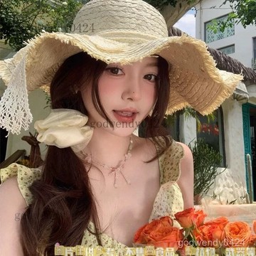 法式草帽 女夏季大帽 簷甜美帽 海邊度假花朵太陽帽子 法式蝴蝶結蕾絲帶大帽簷 草帽 女夏季海邊度假風編織草帽 沙灘太陽帽
