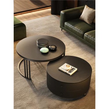 巖板茶幾客廳家用2024新款輕奢現代簡約小戶型黑色圓形意式極簡