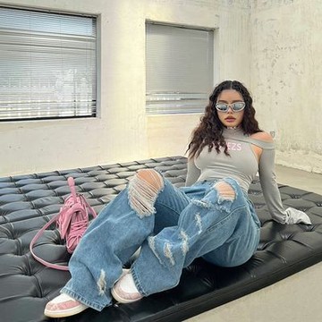 【台灣有貨】實拍 300斤大碼歐美寬鬆百搭水洗胖mm200做舊磨破闊腿直筒破洞牛仔褲夏