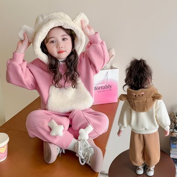 中小女童-可愛小熊連帽加絨加厚兩件式套裝