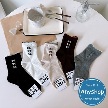Anyshop韓國襪 蝴蝶結系列 素色長襪 蝴蝶結襪 女孩襪 捲邊襪 韓襪 韓國襪 長襪 蝴蝶結 襪子 17003