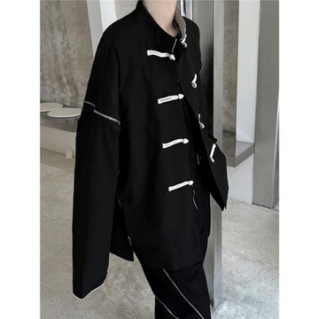 春裝個性拉鏈拼接男士休閑拉鏈夾克小眾中國風盤扣設計中山裝外套