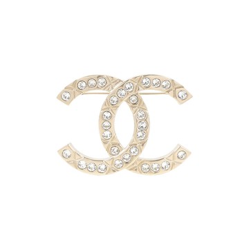 CHANEL CC Logo 菱格紋刻印及水鑽鑲飾胸針(金色)
