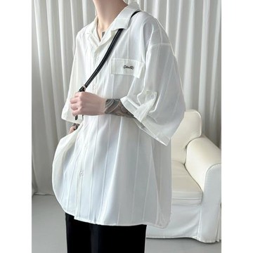 冰絲垂感短袖襯衫男夏季冷淡系高級感上衣外套寬松休閑男士襯衣薄