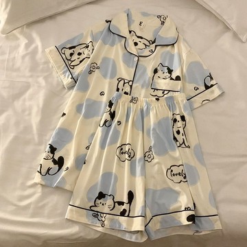 Healthy baby 鹽系ins軟糯奶牛霧藍短袖夏季睡衣女可愛卡通小貓網紅寬鬆家居服女童居家服 睡衣套裝