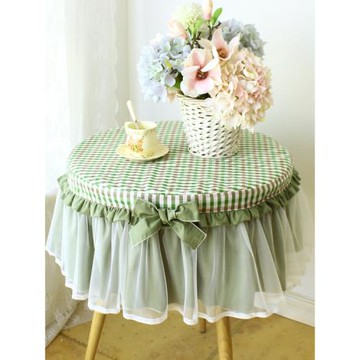 水洗棉芥末綠格子小圓桌布圓形家用圓桌布茶幾純棉蕾絲圓床頭柜罩