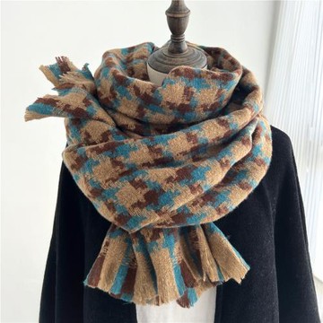 2024新款拼色彩色千鳥格圍巾女冬季仿羊絨大披肩兩用加厚百搭保暖