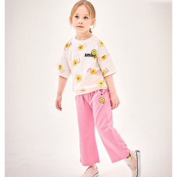 韓國 Jelispoon - 表情圖案印短袖上衣長褲套裝-粉紅