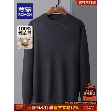 (免運)【100%純羊毛】羅蒙男士休閑針織衫2025春季新款純色簡約圓領毛衣