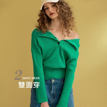 OUWEY歐薇 寬坑中領條兩穿毛衣針織(綠色；S-L)3234195002