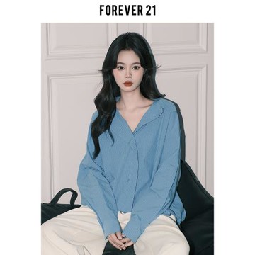 (免運)Forever 21氣質港風寬松polo襯衫女慵懶休閑條紋藍色別致開衫上衣