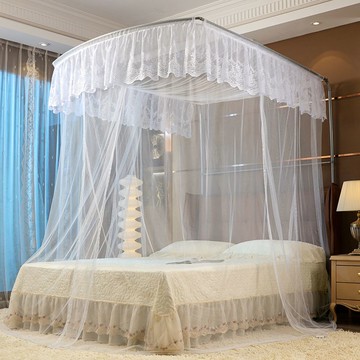 涼席 蚊帳 免運 開立發票 釣魚竿伸縮u型蚊帳三開門家用雙人宮廷落地款加密加厚烤漆支架