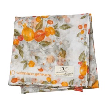Valentino Garavani 華倫天奴白底黃花果圖騰字母LOGO帕巾(43CM)